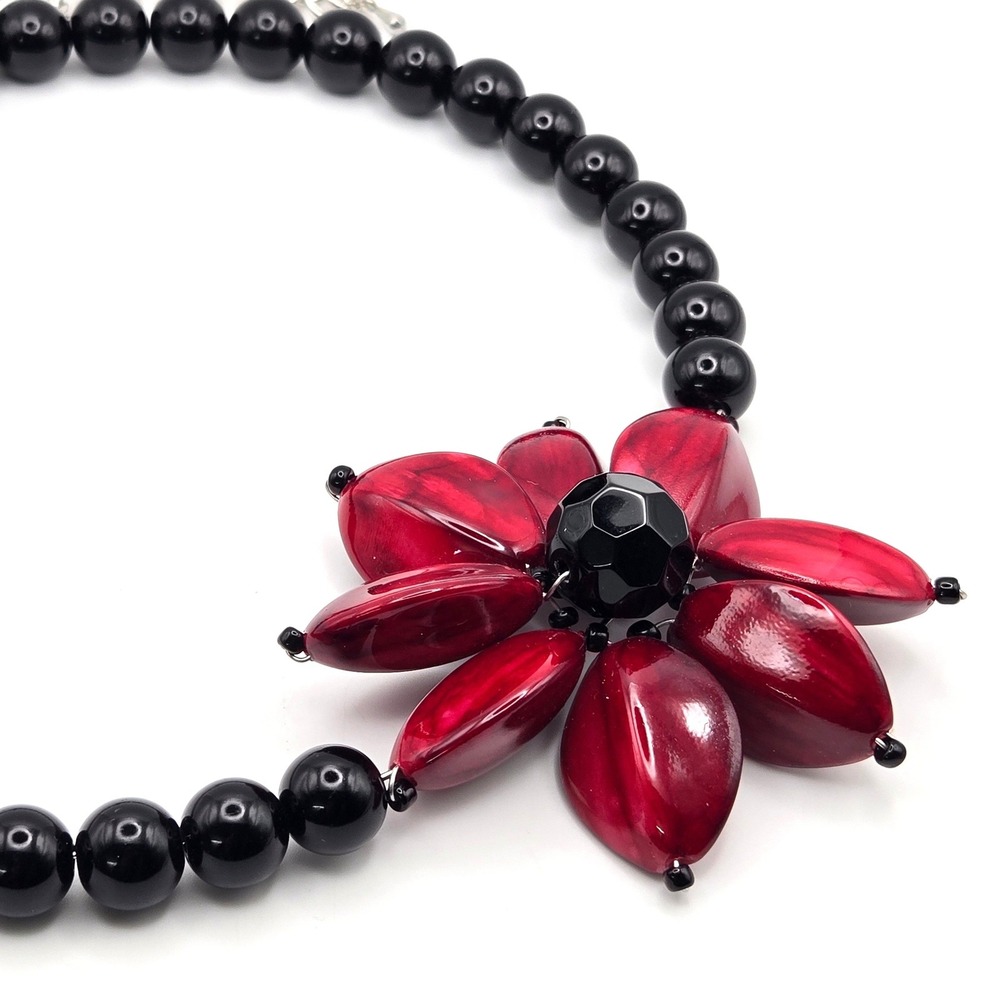 Red Flower Statement Necklace Black Glass Beaded Floral Resin Chunky Adjustable